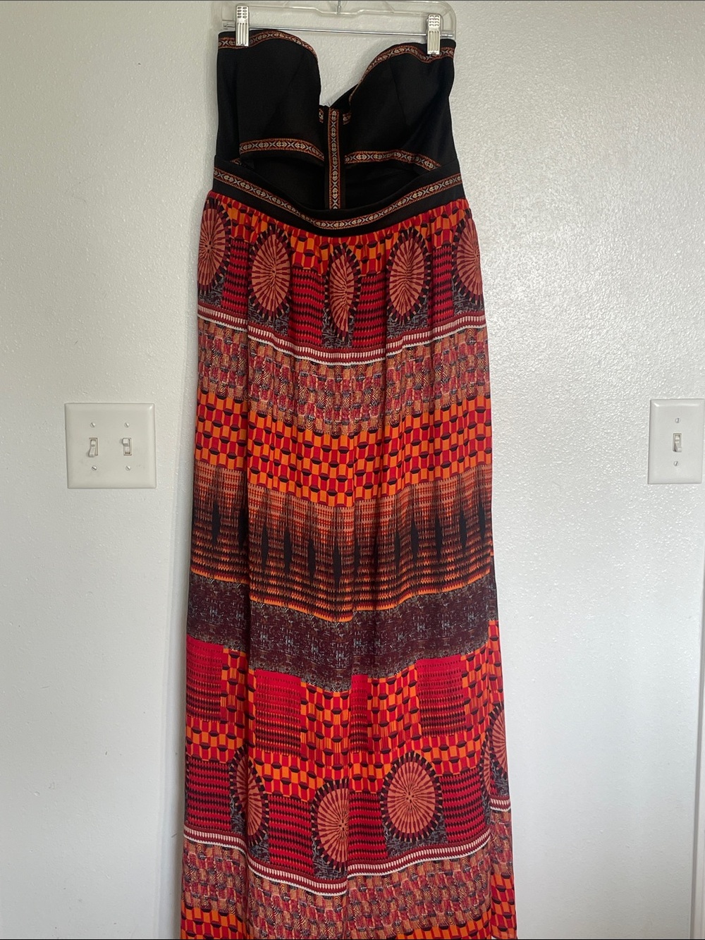 Sans Souci Strapless Maxi Dress in Black with Red and Orange Geometric Print